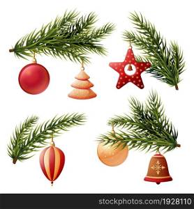 Christmas tree branches decorations. Xmas fir branch decoration, new year holiday balls and toys. Pine plant, isolated evergreen swanky vector objects. Illustration of branch tree with toys decoration. Christmas tree branches decorations. Xmas fir branch decoration, new year holiday balls and toys. Pine plant, isolated evergreen swanky vector objects