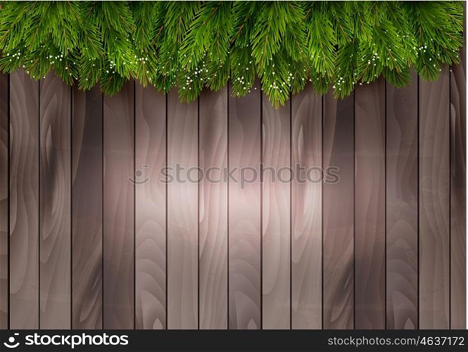 Christmas tree branches on a wooden backdrop. Vector.