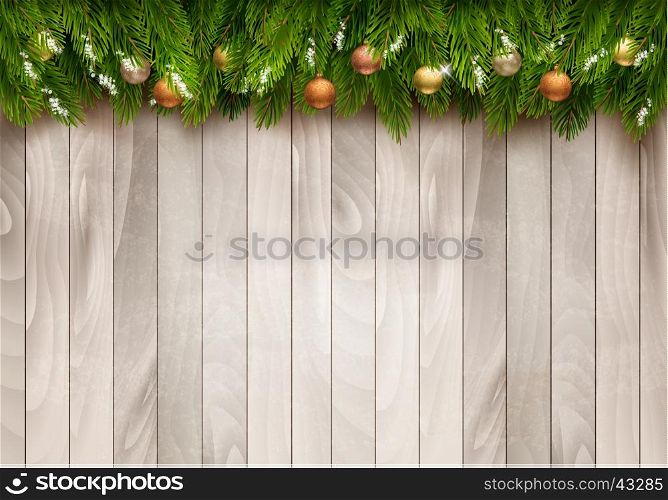Christmas tree branches with baubles on a wooden background. Vector.