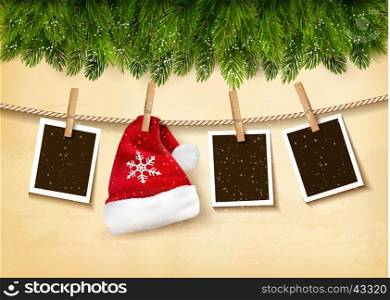 Christmas tree branches with photos and a Santa hat. Vector.