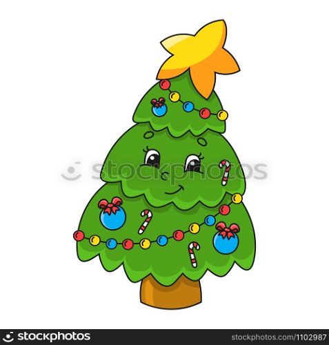 Christmas tree. Cute character. Colorful vector illustration. Cartoon style. Isolated on white background. Design element. Template for your design, books, stickers, cards, posters, clothes.