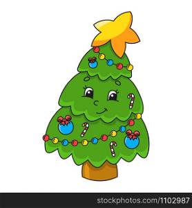 Christmas tree. Cute character. Colorful vector illustration. Cartoon style. Isolated on white background. Design element. Template for your design, books, stickers, cards, posters, clothes.