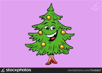Christmas tree cute smiley face character. Comic book cartoon pop art illustration retro vector. Christmas tree cute smiley face character