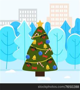 Christmas tree decorated by toys ball and bell. Traditional winter holiday tree in urban winter park near snowy trees and constructions. Xmas fir-tree on snow land near buildings in town vector. Fir-tree in Winter Park near Buildings Vector
