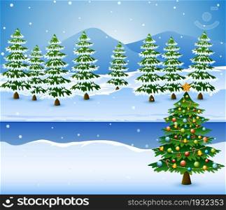 Christmas tree decorated with a pine trees background in the winter