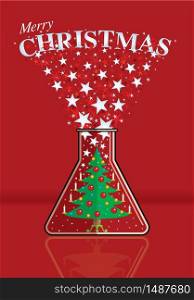 Christmas tree decorated with burning candles inside a flask ejecting white stars with Merry Christmas message on a red background. Vector image
