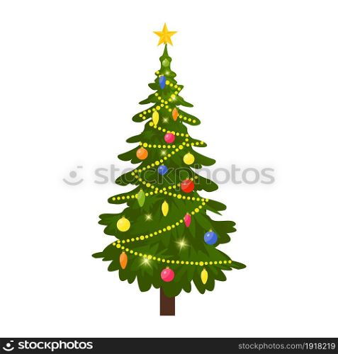 Christmas tree decorated with colorful balls, garland lights, golden star. Spruce, evergreen tree. Greeting card, festive poster, party invitations. New year. Vector illustration in flat style. Christmas tree decorated with colorful balls,