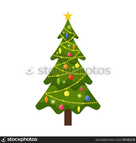 Christmas tree decorated with colorful balls, garland lights, golden star. Spruce, evergreen tree. Greeting card, festive poster, party invitations. New year. Vector illustration in flat style. Christmas tree decorated with colorful balls,