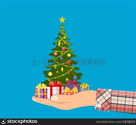 Christmas tree decorated with colorful balls, garland lights, golden star. Spruce, evergreen tree in hand. Greeting card, festive poster, party invitations. New year. Vector illustration in flat style. Christmas tree decorated with colorful balls,
