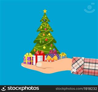 Christmas tree decorated with colorful balls, garland lights, golden star. Spruce, evergreen tree in hand. Greeting card, festive poster, party invitations. New year. Vector illustration in flat style. Christmas tree decorated with colorful balls,
