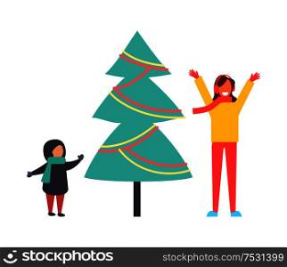 Christmas tree decorated with garlands vector. Celebration of winter holiday, woman mother with child spending time together. Evergreen pine with bulb. Christmas Tree Decorated with Garlands Vector