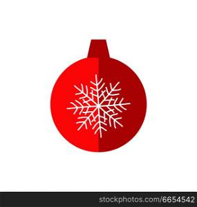 Christmas tree decoration ball icon with drawn snowflake isolated on white background. Vector illustration with red glass ball as symbol of xmas. Christmas Tree Decoration Ball Vector Illustration