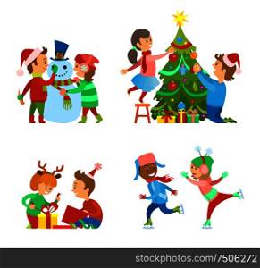 Christmas tree decoration of father and daughter vector. Snowman building, kids playing together, girl opening presents. Ice winter rink child skating. Christmas Tree Decoration of Father and Daughter