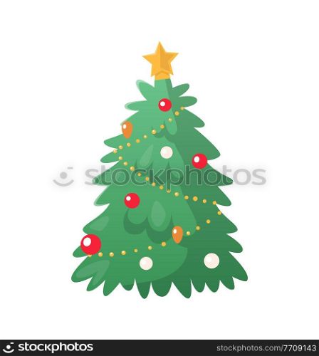 Christmas-tree decoration with colorful balls and star with gold chaplet. Single fir-tree in flat style isolated on white. Holiday greeting card vector. Fir-tree Decoration with Colorful Balls Vector