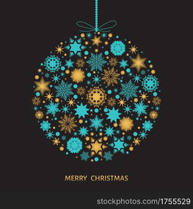 Christmas tree decoration. Xmas ball with gold snowflakes. Vector illustration for postcard background.