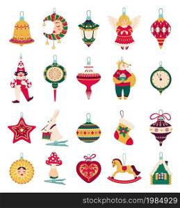 Christmas tree decorations and toys, xmas balls with ornaments. Cute winter holiday hanging decoration, retro new year tree toy vector set. Angel, fox, house and rabbit with drums decor