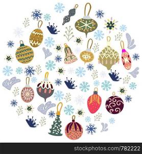 Christmas tree decorations in round shape on white background. Flat style illustration. Greeting card, poster, design element. Vector
