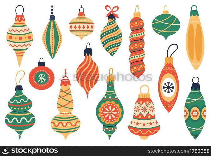 Christmas tree decorations. Xmas holidays fur tree toys, cute xmas vintage elements vector illustration set. Hand drawn Christmas winter toys. Colorful old-fashioned baubles of various shapes. Christmas tree decorations. Xmas holidays fur tree toys, cute xmas vintage elements vector illustration set. Hand drawn Christmas winter toys