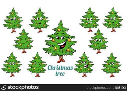 Christmas tree emotions emoticons set isolated on white background. Comic book cartoon pop art illustration retro vector. Christmas tree emotions emoticons set isolated on white backgrou