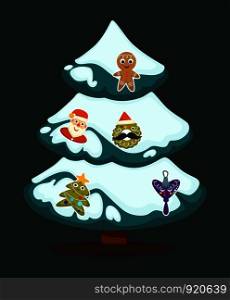 Christmas tree, evergreen pine decorated with garlands and toys vector. Spruce covered with snow, snowy fir with stars and bullfinches birds, symbols of wintertime. Winter holiday and celebration. Christmas tree, evergreen pine decorated with garlands and toys vector.