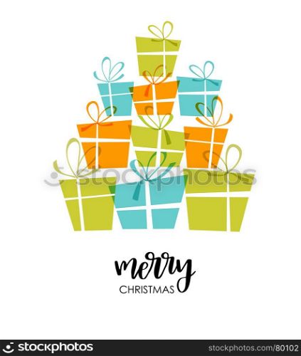 Christmas tree from gifts. Christmas tree from bright gift boxes and text Merry Christmas. Vector background for holiday card, print, banner, poster, wallpaper, wrapping.