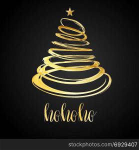 Christmas tree from red spiral with star on top. Christmas card design. Holiday vector background.. Christmas tree from gold spiral with star on top. Lettering phrase HoHoHo. Christmas card design. Holiday vector background.