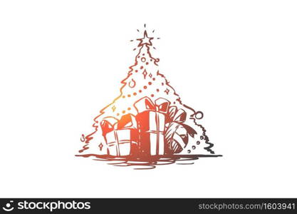 Christmas, tree, gift, holiday, celebration concept. Hand drawn festive Christmas tree and gifts concept sketch. Isolated vector illustration.. Christmas, tree, gift, holiday, celebration concept. Hand drawn isolated vector.