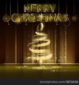 Christmas tree gold lights dust decoration, golden blurred magic glow on dark background. Merry Christmas holiday celebration. Vector illustration banner greeting card isolated. Christmas tree gold lights dust decoration, golden blurred magic glow on dark background. Merry Christmas holiday celebration. Vector illustration banner greeting card