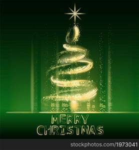 Christmas tree gold lights dust decoration, golden blurred magic glow on dark background. Merry Christmas holiday celebration. Vector illustration banner greeting card isolated. Christmas tree gold lights dust decoration, golden blurred magic glow on dark background. Merry Christmas holiday celebration. Vector illustration banner greeting card