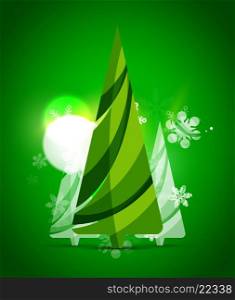 Christmas tree, green shiny abstract background. Vector holiday illustration