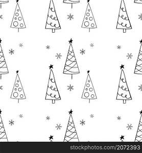 Christmas tree hand drawn seamless pattern. Doodle texture with simple fir. Vector Ney Year illustration. Christmas tree hand drawn seamless pattern. Doodle texture with simple fir for print, paper, design, fabric, decor, gift wrap, background. Vector Ney Year illustration
