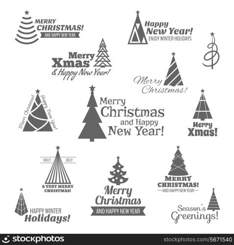 Christmas tree happy new year holiday stamps black set isolated vector illustration.