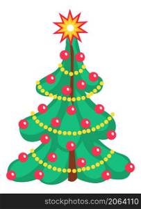 Christmas tree icon. Decorated fir with lights and balls isolated on white background. Christmas tree icon. Decorated fir with lights and balls