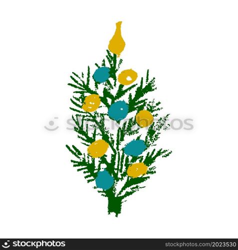 Christmas tree. Icon in hand draw style. Drawing with wax crayons, colored chalk, children&rsquo;s creativity. Vector illustration. Sign, symbol, pin, sticker. Icon in hand draw style. Drawing with wax crayons, children&rsquo;s creativity