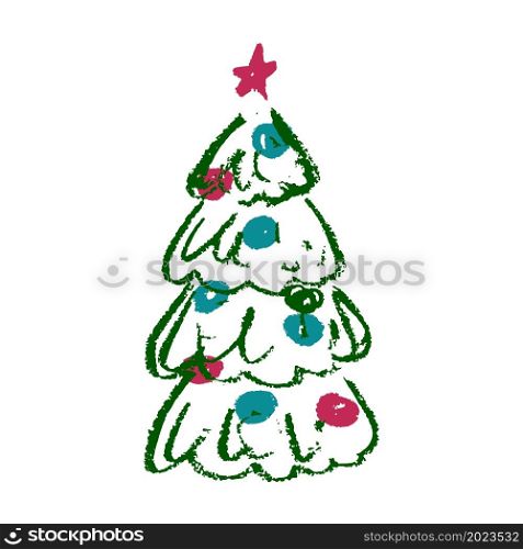 Christmas tree. Icon in hand draw style. Drawing with wax crayons, colored chalk, children&rsquo;s creativity. Vector illustration. Sign, symbol. Icon in hand draw style. Drawing with wax crayons, children&rsquo;s creativity