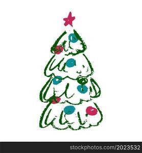 Christmas tree. Icon in hand draw style. Drawing with wax crayons, colored chalk, children&rsquo;s creativity. Vector illustration. Sign, symbol. Icon in hand draw style. Drawing with wax crayons, children&rsquo;s creativity