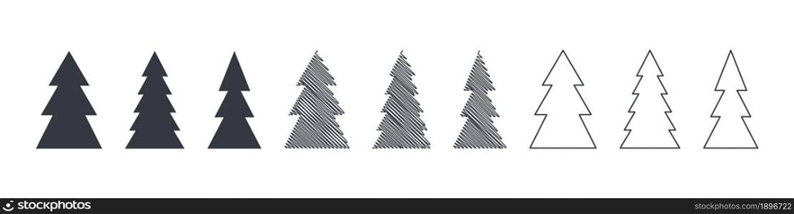 Christmas tree icons. Elements for Christmas design. Christmas trees in different styles. Vector illustration