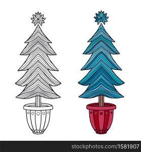 Christmas tree in color and line. New Year tree decor for stickers and greeting cards. Christmas tree in color and line. New Year tree decor for stickers and greeting cards.