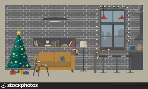 Christmas tree in living room with furniture in flat style. Vector interior of living room with Christmas tree, bar and kitchen.
