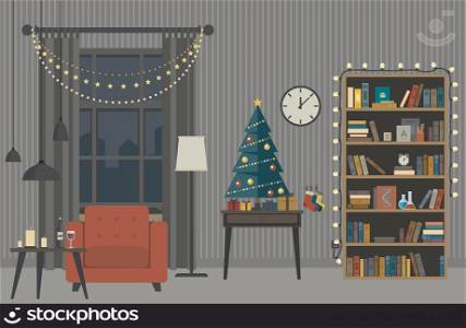 Christmas tree in living room with furniture in flat style. Vector interior of living room with Christmas tree, gifts and garlands.