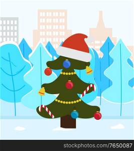 Christmas tree in park of winter city. Pine decorated with santa claus hat, baubles and garlands. Spruce and landscape with snowy peaks. Cityscape with buildings and skyscrapers. Vector in flat. Pine Tree For Christmas, Spruce with Santa Hat