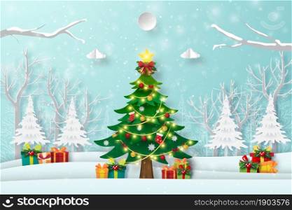 Christmas tree in the forest with presents, Merry Christmas and Happy New Year
