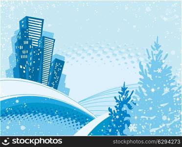 Christmas tree in the snow on urban background