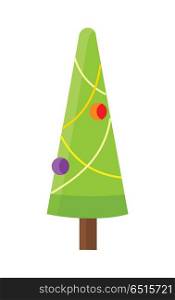 Christmas Tree Isolated on White. Cartoon Fir. Christmas tree isolated on white. Cartoon fir tree in xmas holiday concept. Merry Christmas and Happy New Year poster. Funny winter illustration for children. Winter season holiday celebration. Vector