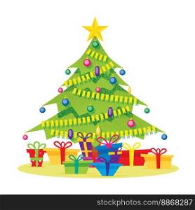 Christmas Tree Isolated on White with Gift Boxes, Star, Balls and Garlands. Vector Illustration.