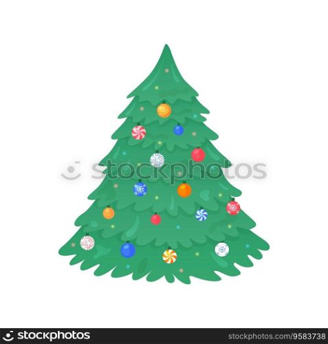Christmas Tree isolated. Vector flat illustration. Decorated Xmas fir, pine or spruce. Christmas symbol with decorations and lights.. Christmas Tree isolated. Vector flat illustration. Decorated Xmas fir, pine or spruce. Christmas symbol with decorations and lights
