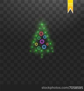 Christmas Tree made. Green glitter bokeh lights and sparkles. Shining star, sun particles and sparks with lens flare effect on transparent background. Vector. Christmas Tree made. Green glitter bokeh lights and sparkles. Shining star, sun particles and sparks with lens flare effect on transparent background