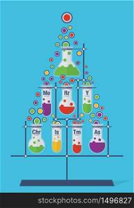 Christmas tree made of test tubes and bubbles on cyan background - Chemistry icons. Vector image