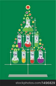 Christmas tree made of test tubes and bubbles on dark green background - Chemistry icons