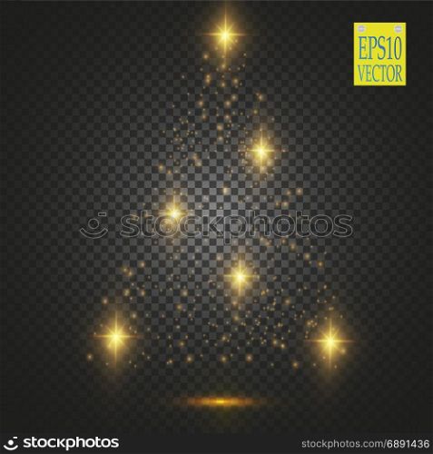 Christmas Tree made, White glitter bokeh lights and sparkles. Shining star, sun particles and sparks with lens flare effect on transparent background. Christmas Tree made, White glitter bokeh lights and sparkles. Shining star, sun particles and sparks with lens flare effect on transparent background. Vector